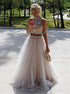 Champagne Two Piece Tulle Sleeveless Open Back Prom Dress MOS25